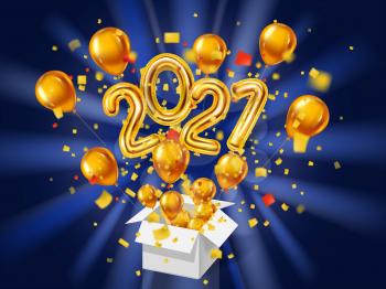 2021 Happy New Year background. Gold realistic 3d balloons foil metallic numbers gift box explosion of glitter gold confetti. Vector illustration celebrate festive party, poster