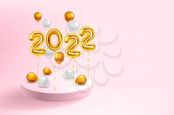 Happy New Year 2022 Gold balloons, stage podium. Golden foil numerals, balloons with, confetti, ribbons, poster, banner. Vector realistic 3D illustration isolated