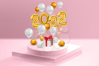Happy New Year 2022 Gold balloons, stage podium, gift box. Golden foil numerals, balloons with, confetti, ribbons, poster, banner. Vector realistic 3D illustration isolated