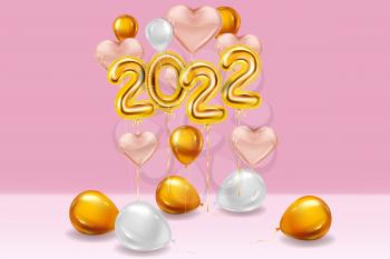 Happy New Year 2022 Gold balloons, stage studio. Golden foil numerals, balloons with, confetti, ribbons, poster, banner. Vector realistic 3D illustration isolated