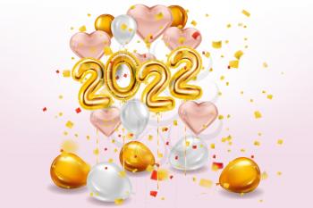 Happy New Year 2022 Gold balloons, stage studio. Golden foil numerals, pink hearts balloons with, confetti, ribbons, poster, banner. Vector realistic 3D illustration isolated