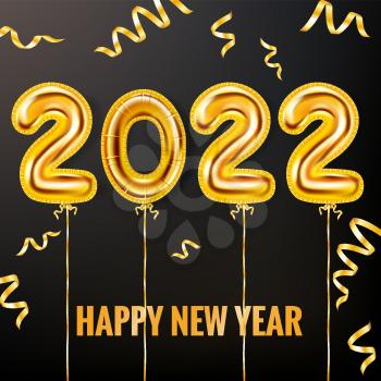 2022 Happy New Year Gold balloons. Gold foil numerals with confetti, ribbons, poster, banner. Vector realistic 3D illustration isolated