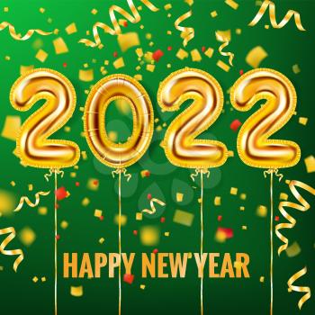 2022 Happy New Year Gold balloons. Gold foil numerals with confetti, ribbons, poster, banner. Vector realistic 3D illustration isolated