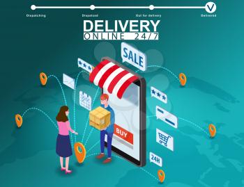 Delivery on Smartphone with online store, courier man delivers box parsel isometry