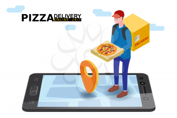 Isometry Pizza delivery courier man with package fast food pizza. Online service order, smartphone tracking