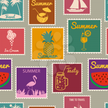 Postage stamps seamless pattern Summer vacation. Retro background signs travel exotic tour. Vector illustration background vintage style for wallpaper, wrapping paper, scrapbook
