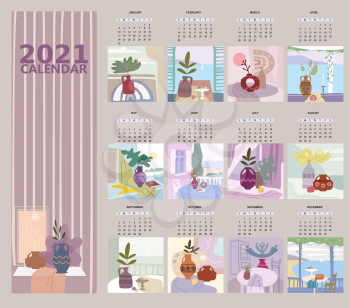 2021 Calendar grid mounthly Still life abstract contemorary minimalism. Collection Vase flora intreior abstract elements shapes