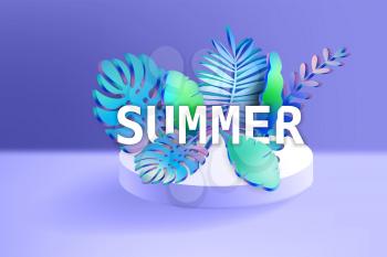 3D Tropical leaves scene podium with text Summer, botanical background. Render vector foliage pedestal, stage illustration template banner
