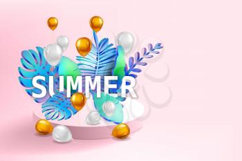 3D Tropical leaves scene podium with text Summer, balloons gold and white, botanical background. Render vector foliag,e pedestal, stage illustration template banner