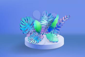 3D Tropical leaves scene podium, botanical background. Render vector foliage pedestal, stage illustration template banner