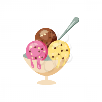 Ice cream different flavors fresh summer dessert in a bowl with spoon. Vector illustration cartoon style