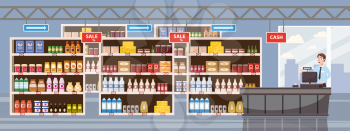 Big Shop Super Market Shopping Mall Interior store inside shelves with dairy products