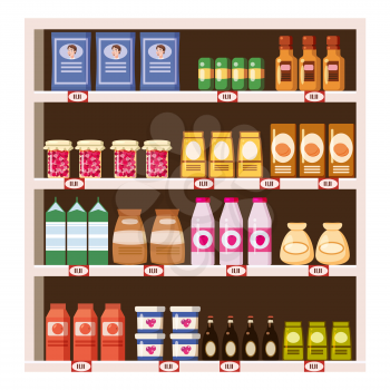 Supermarket shelves with dairy products. Vector background.