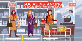 Supermarket social distancing store counter cashier and buyers in medical masks, with cart and basket of food. Quarantine coronavirus 2019-nCoV 2 wave in the store epidemic precautions. Cartoon style vector illustration