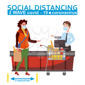 Supermarket social distancing store counter cashier and buyer in medical masks, with cart and basket of food. Quarantine coronavirus 2019-nCoV 2 wave in the store epidemic precautions. Cartoon style vector illustration
