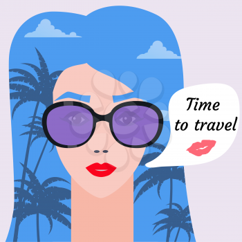 Time to travel, woman face portrait in sunglasses, vacation, summer resort. Palms and clouds are reflected in sunglasses. Vector illustration poster isolated