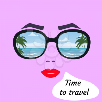 Time to travel, woman face abstract portrait in sunglasses, vacation, summer resort. Palms and clouds are reflected in sunglasses. Vector illustration poster isolated