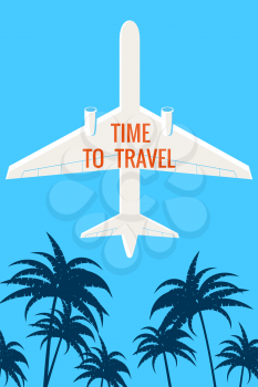 Plane in the sky, palms. Time to Travel Vintage Summer Holiday poster, banner. Vector illustration