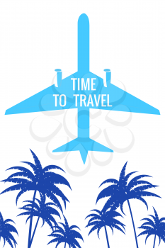 Retro poster Plane in the sky, palms. Time to Travel Vintage Summer Holiday poster, banner. Vector illustration