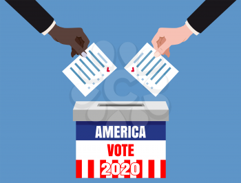 The US presidential election 2020. Hands putting voting blancs papers in vote box