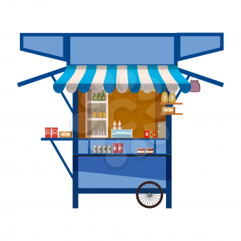 Market store on wheels, stand stall and various kiosk, with red and white striped awning
