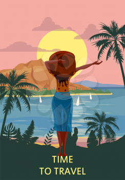 Woman on seaside resort in beachwear red hat enjoing rest. Vacation tropical palms exotic flora, sea, ocean. Vector illustration retro