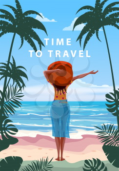 Woman on seaside resort in beachwear red hat enjoing rest. Time to travel vacation tropical palms exotic flora, sea, ocean. Vector illustration retro