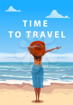 Woman on seaside resort in beachwear red hat enjoing rest. Time to travel vacation tropical sea, ocean