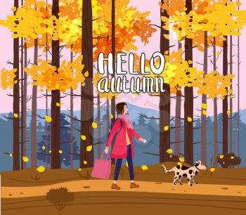 Hello Autumn, Young woman walking dog in the autumn forest. Autumn fall mood. Vector illustration banner, poster, banner, postcard, template