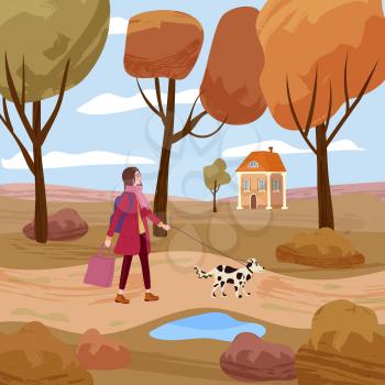 Young woman walks the dog in the autumn park path. Trendy fashionable look with pet, fall mood. Vector illustration banner isolated