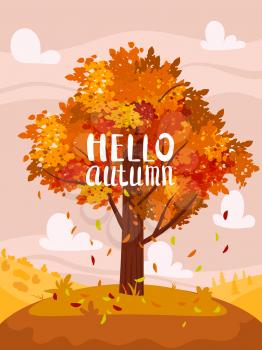 Autumn tree colorfull, fall background rural countryside landscape, yellow orange leaves. Lettering Hello Autumn, poster, banner. Vector illustration cartoon style isolated