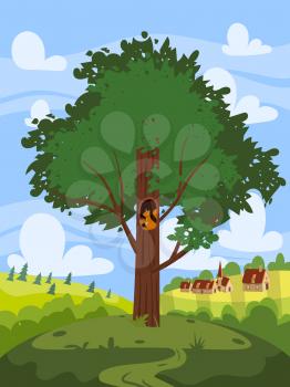 Green Tree Oak, beautiful country rural landscape, farm, village on backgriund. Summer, spring seasone. Vector illustration cartoon style poster banner template isolated