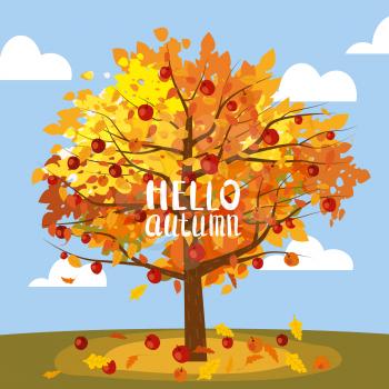Apple tree, rural landscape. Hello Autumn, harvest, ripe fruits on tree, countriyside fall. Vector illustration cartoon style poster isolated