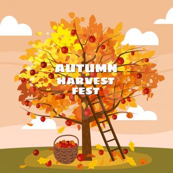 Autumn Harvest Fest. Apple tree with basket of apples, ladder, rural landscape. Fall, harvest, ripe fruits on tree, countriyside fall. Vector illustration cartoon style poster isolated