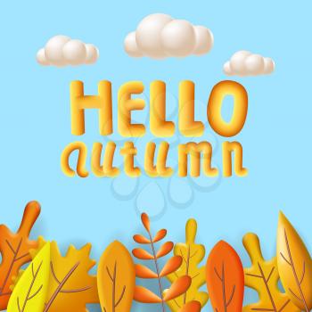 Hello Autumn leaves 3D yellow, red, brown, orange colors. Fall bouquet, white cloud. Minimal 3d render plasticine, vector illustration banner, poster template