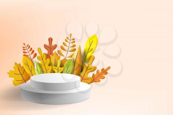 Autumn leaves 3D yellow, red, brown, orange colors. Fall bouquet, pedestal, stage, podium, for background product presentation. Minimal 3d render plasticine, vector illustration banner, poster template