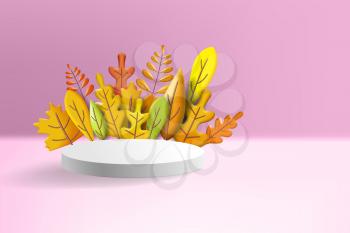 Autumn leaves 3D yellow, red, brown, orange colors. Fall bouquet, pedestal, stage, podium, for background product presentation. Minimal 3d render plasticine, vector illustration banner, poster template