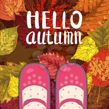Women red shoes on autumn leaves. Lettering Hello Autumn