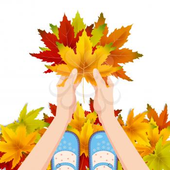 Women blue shoes on autumn leaves. Hands holding autumn leaves