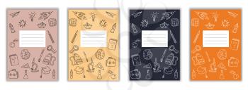 Set Cover Notebook school doodles icons hand drawn. Template cover for diary, broshure, poster, sketchbook. Vector illustration isolated