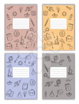 Set Cover Notebook school doodles icons hand drawn. Template cover for diary, broshure, poster, sketchbook. Vector illustration isolated