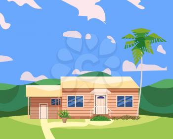 Residential Home Building in landscape tropic trees, palms. House exterior facades front view architecture family cottage house or mansion apartments, villa. Suburban property, vector illustration cartoon flat style