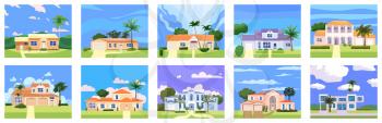 Set Residential Home Buildings in landscape tropic trees, palms. House exterior facades front view architecture family cottages houses or mansions apartments, villa. Suburban property, vector illustration cartoon flat style