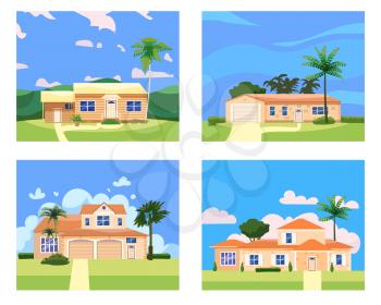 Collection Residential Home Buildings in landscape tropic trees, palms. House exterior facades front view architecture family cottages houses or mansions apartments, villa. Suburban property, vector illustration cartoon flat style