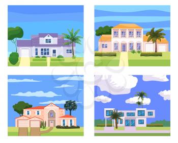 Collection Residential Home Buildings in landscape tropic trees, palms. House exterior facades front view architecture family cottages houses or mansions apartments, villa. Suburban property, vector illustration cartoon flat style