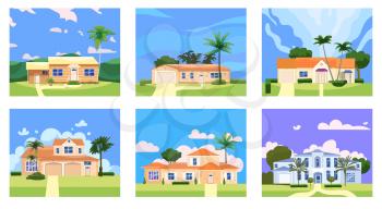 Set Residential Home Buildings in landscape tropic trees, palms. House exterior facades front view architecture family cottages houses or mansions apartments, villa. Suburban property, vector illustration cartoon flat style