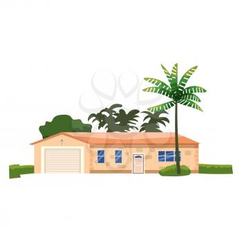 Residential Home Building, tropic trees, palms. House exterior facades front view architecture family cottage house or mansion. Suburban property, vector illustration cartoon flat style