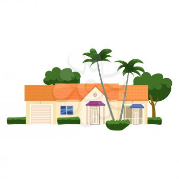 Residential Home Building, tropic trees, palms. House exterior facades front view architecture family cottage house or mansion. Suburban property, vector illustration cartoon flat style