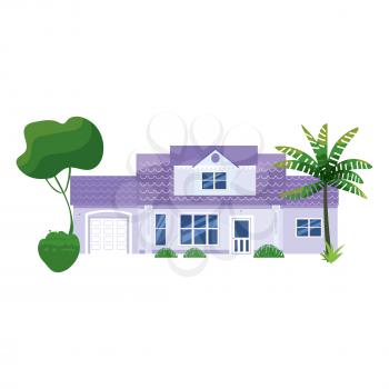 Mansion Residential Home Building, tropic trees, palms. House exterior facades front view architecture family cottage house or apartments, villa. Suburban property, vector illustration cartoon flat style