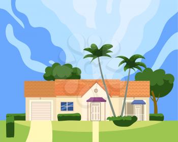 Residential Home Building in landscape tropic trees, palms. House exterior facades front view architecture family cottage house or mansion apartments, villa. Suburban property, vector illustration cartoon flat style